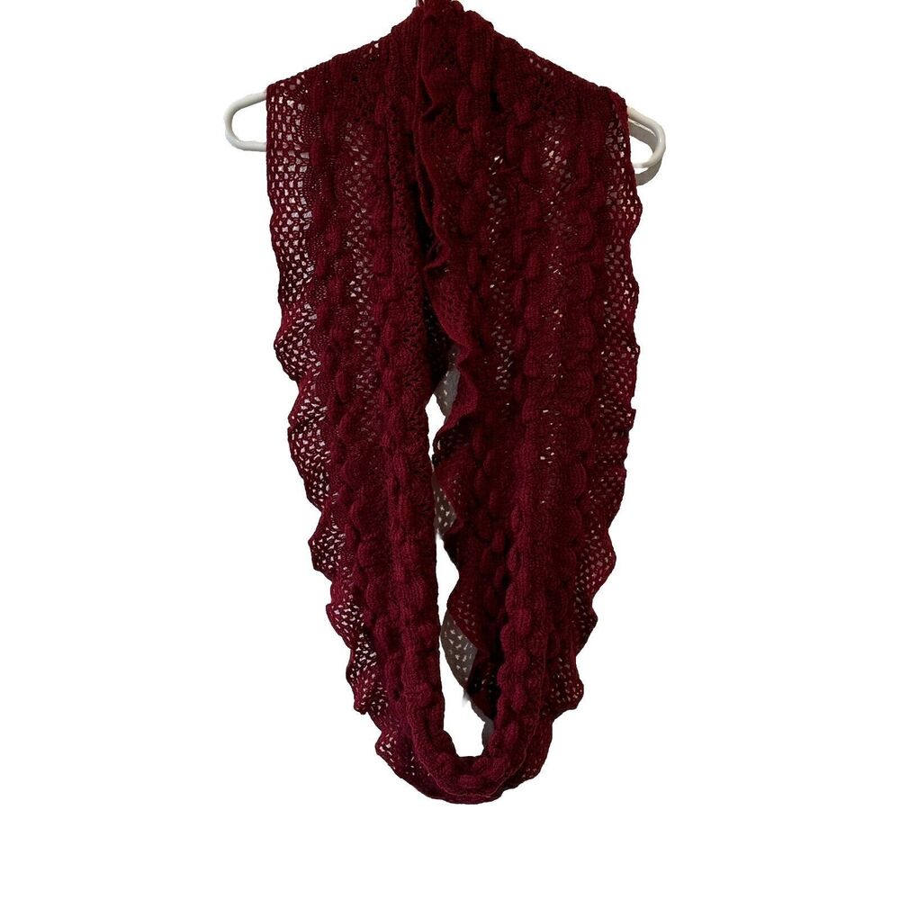Infinity Scarf Red Knit 52” Ruffles Circle Loop Cowl Neck Cozy Warm Clothing